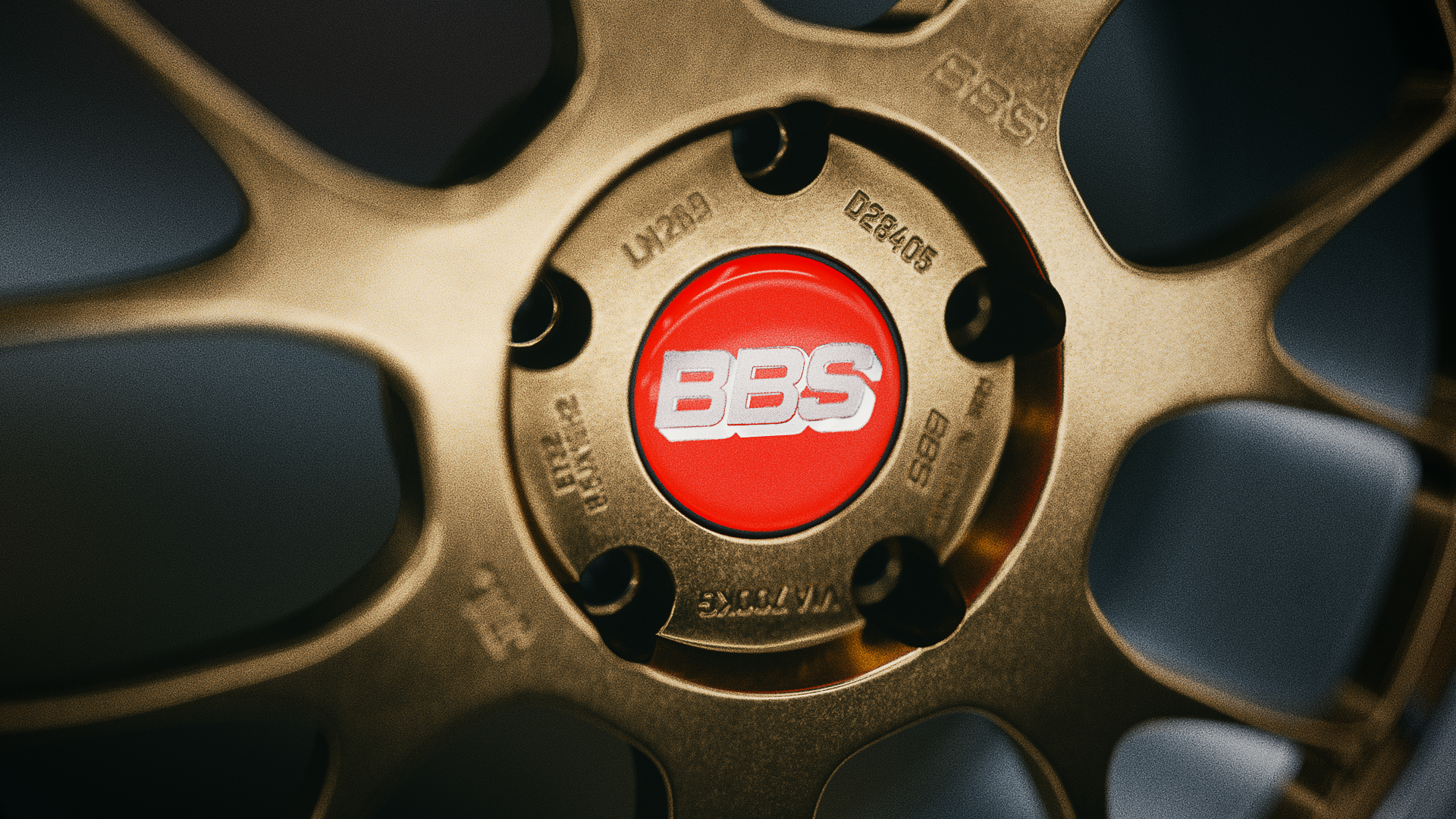 BBS center detail with embossed markings and fasteners — final project render