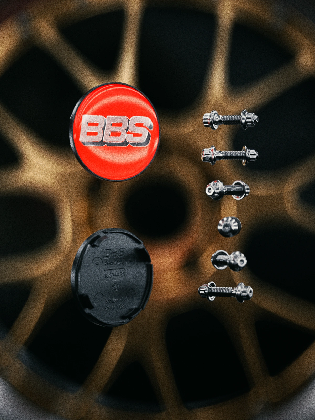 Exploded BBS center cap, backing and polished fasteners