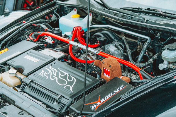 Engine bay with red braces and a Domo plush toy