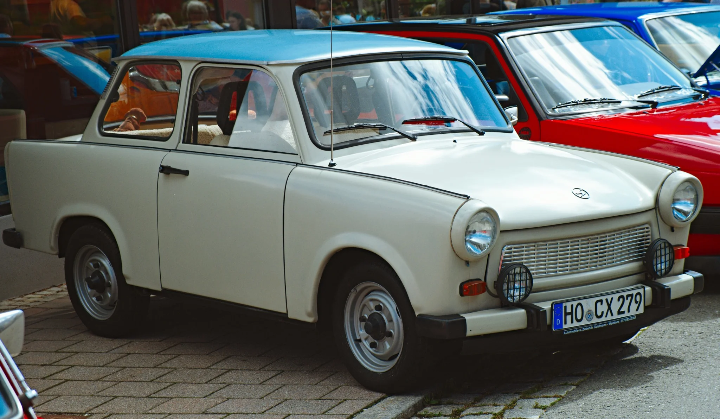 White Trabant 601 with blue roof